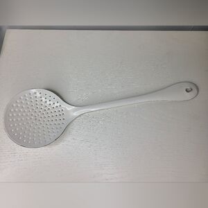 Vintage Enamel Skimmer Spoon Farmhouse White Black Rim Rustic
